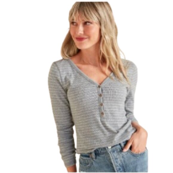 OLD NAVY Rib Knit HENLEY TEE Gray Striped Long Sleeve Top Ribbed Slim Fit - Picture 1 of 5